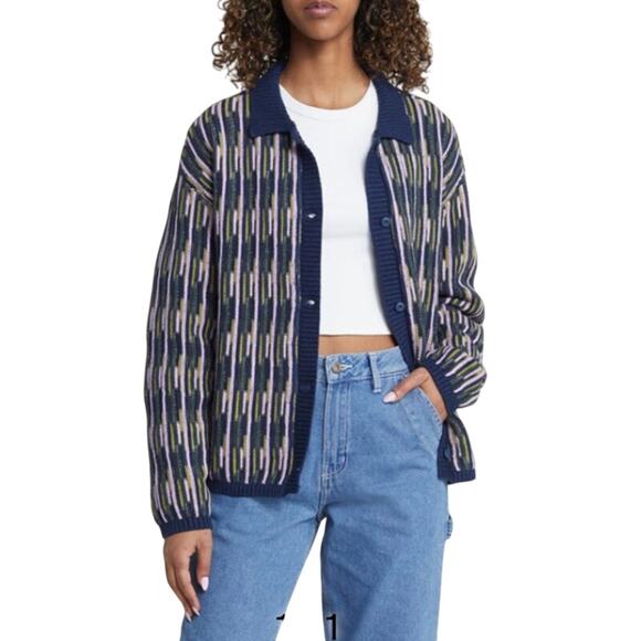 Vans Women's Alta Chunky Knit Cardigan Vertical Stripe Blue Green Pink M/L EUC - Picture 1 of 16